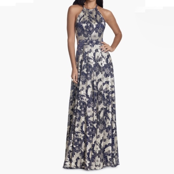 Betsy & Adam -  Layla Metallic Floral Halter Gown - Picture 1 of 13